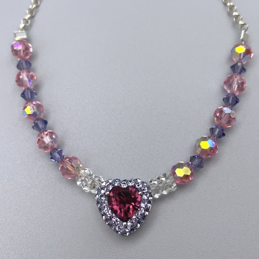 Sterling Silver Purple Pink Crystal Heart‎ Necklace Sparkling Beaded Chain